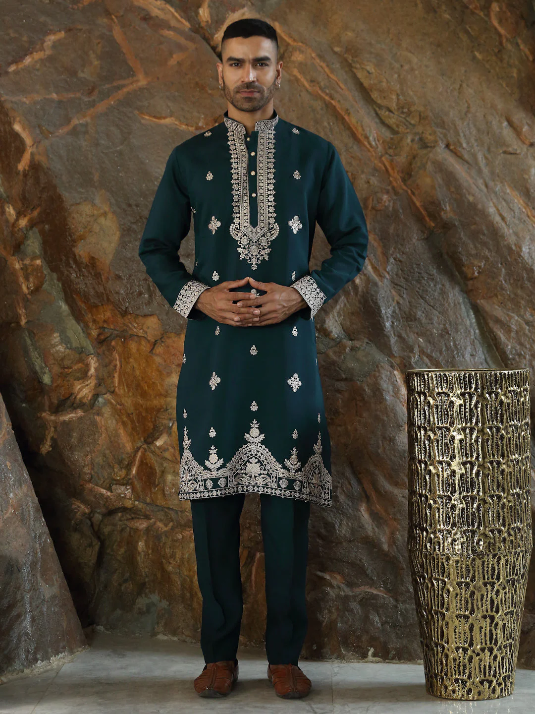 LUXE- Cotton Silk Embroidered Sequin Yoke & Daman Work Kurta with Matching Cotton Silk Trouser Pant - Image 12