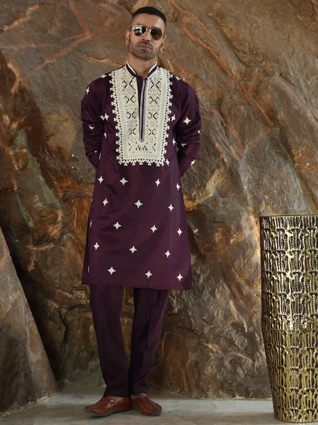 LUXE- Cotton Silk Embroidered Sequine Yoke Design Kurta with Matching Cotton Silk Trouser Pant - Image 13