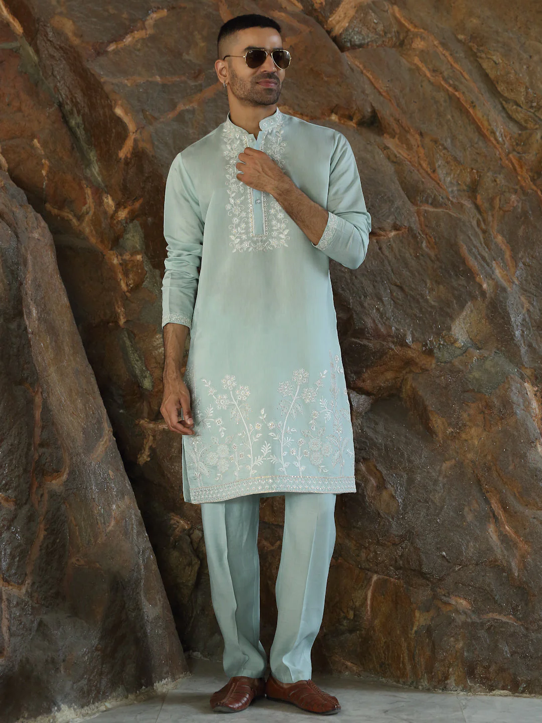 LUXE- Cotton Silk Embroidered Yoke & Daman Work Kurta with Matching Cotton Silk Trouser Pant - Image 13