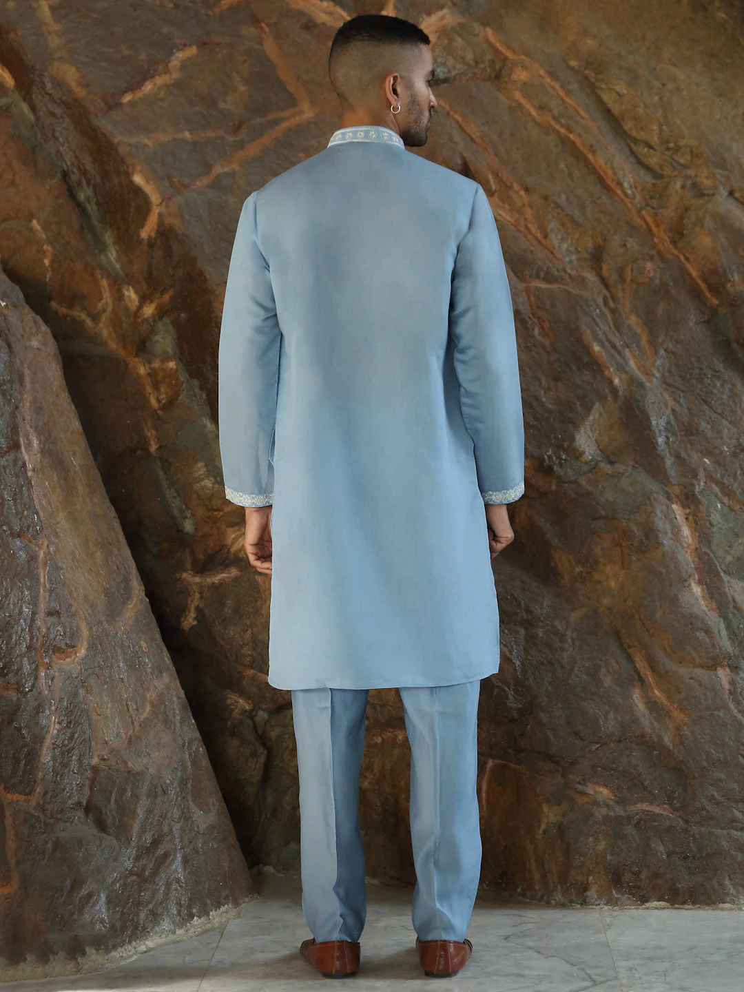 LUXE- Cotton Silk Embroidered Yoke & Daman Work Kurta with Matching Cotton Silk Trouser Pant - Image 20