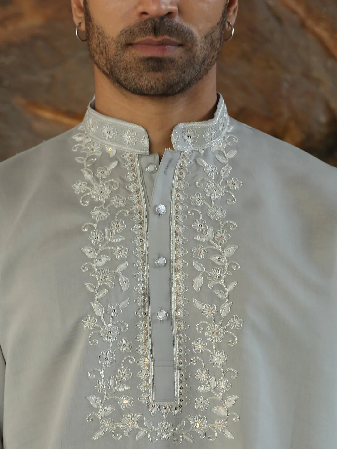 LUXE- Cotton Silk Embroidered Yoke & Daman Work Kurta with Matching Cotton Silk Trouser Pant - Image 3