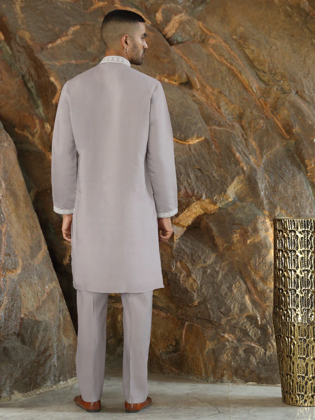 LUXE- Cotton Silk Embroidered Yoke & Daman Work Kurta with Matching Cotton Silk Trouser Pant - Image 8