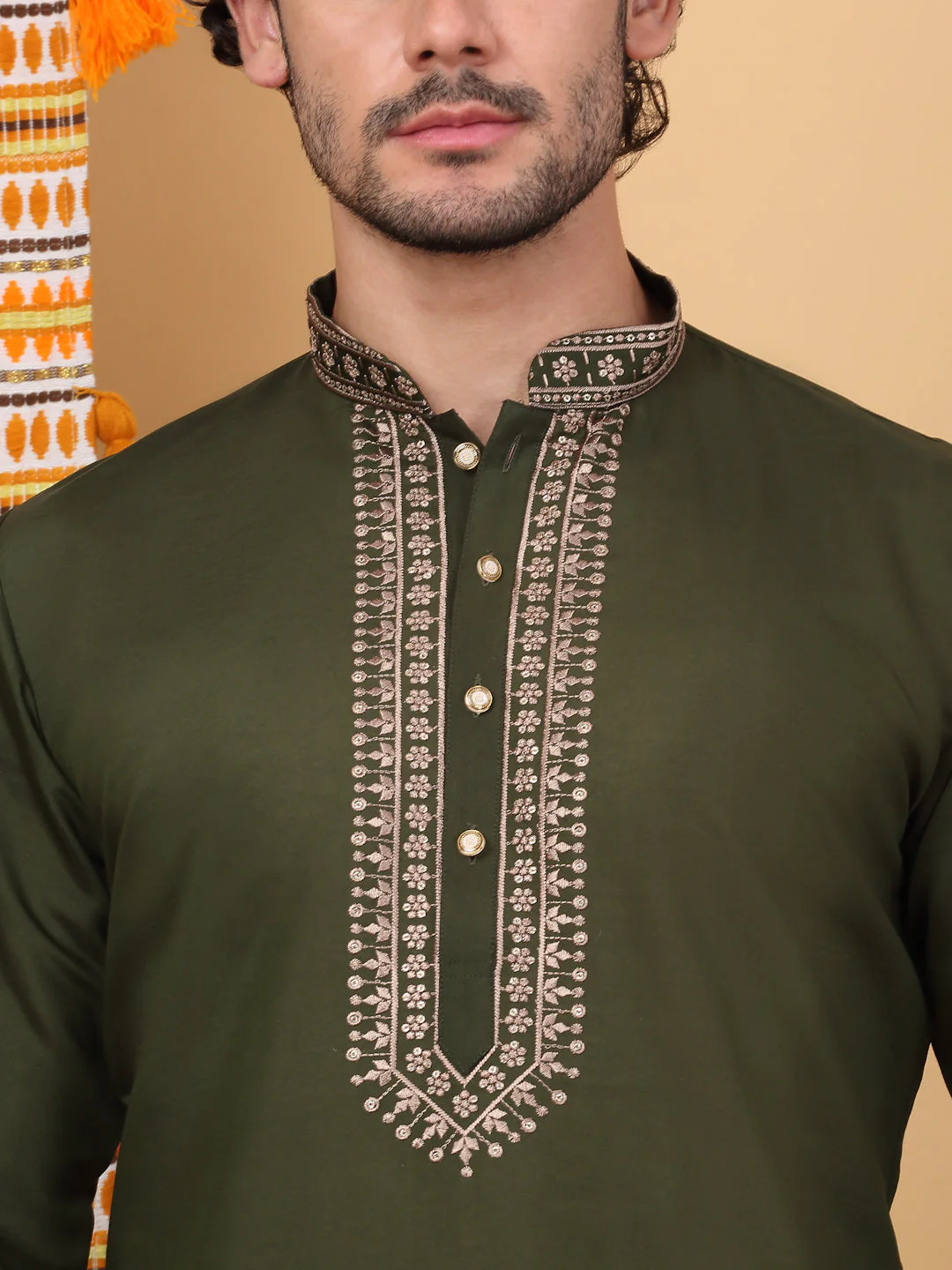 LUXE- Cotton Silk Ethnic Motif Embroidered Neckline Regular Straight Kurta With Beige Elastic Waistband Salwar - Image 13