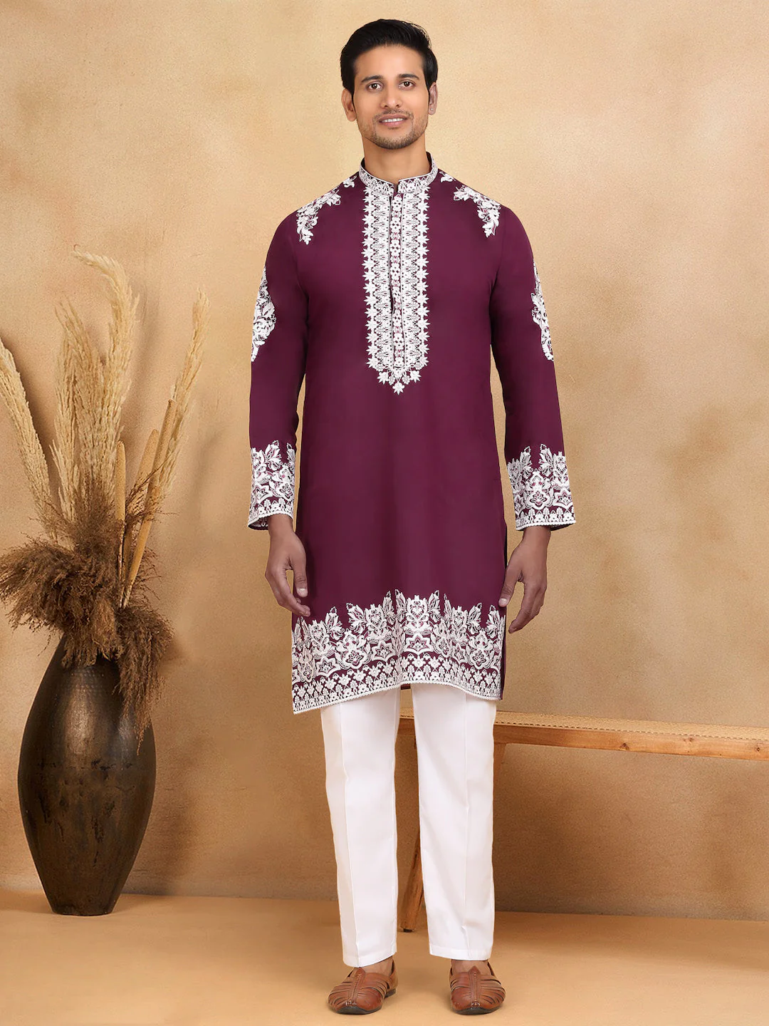 LUXE- Cotton Silk Ethnic Motifs White Embroidered Mandarin Collar Long Sleeve Kurta - Image 105