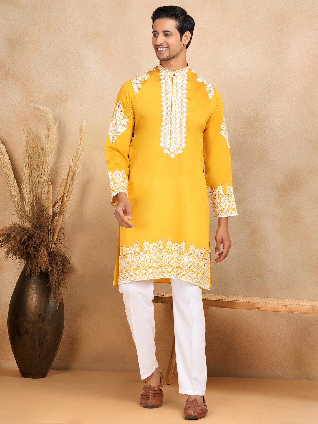 LUXE- Cotton Silk Ethnic Motifs White Embroidered Mandarin Collar Long Sleeve Kurta - Image 156