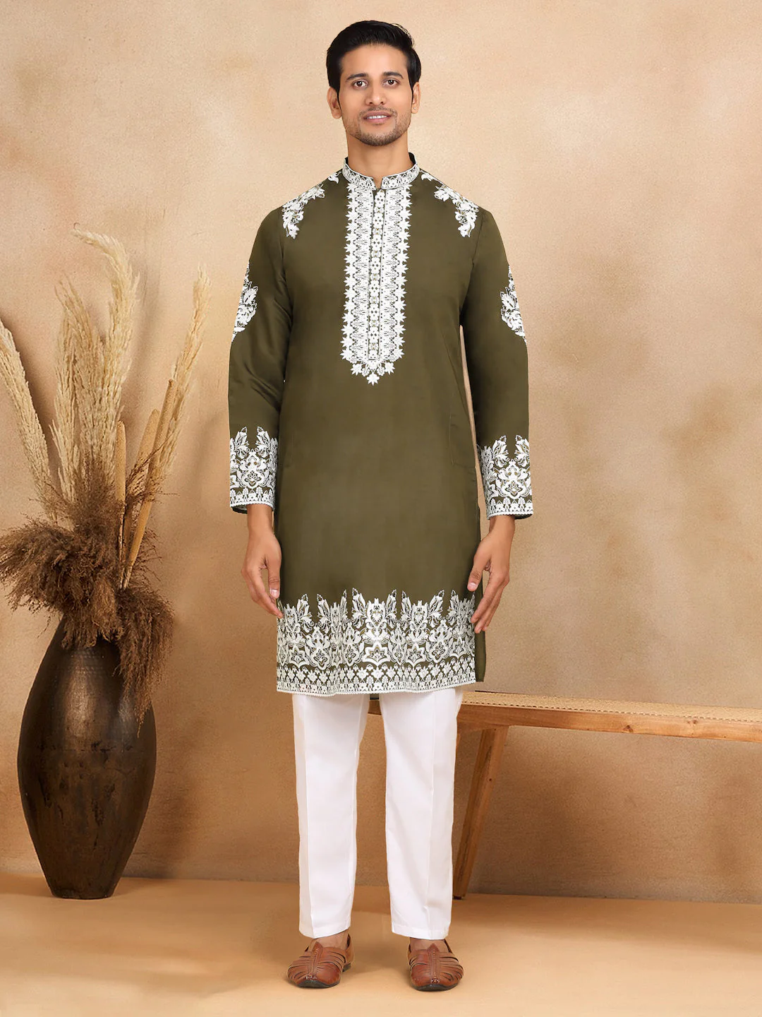LUXE- Cotton Silk Ethnic Motifs White Embroidered Mandarin Collar Long Sleeve Kurta - Image 188