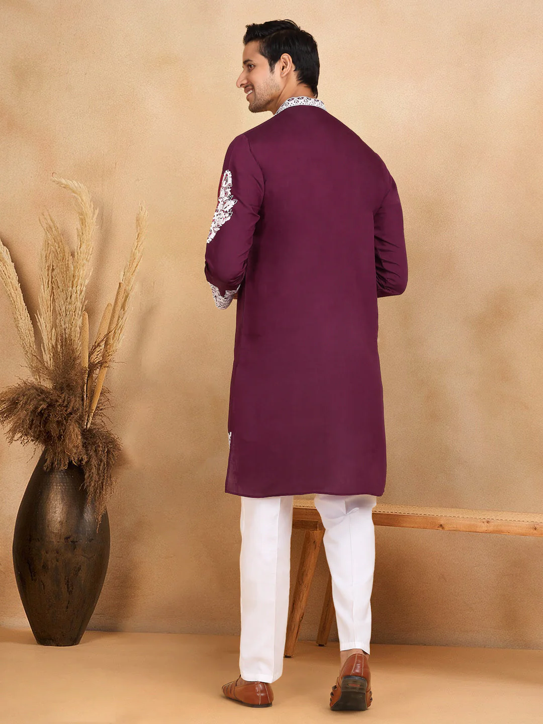 LUXE- Cotton Silk Ethnic Motifs White Embroidered Mandarin Collar Long Sleeve Kurta - Image 22