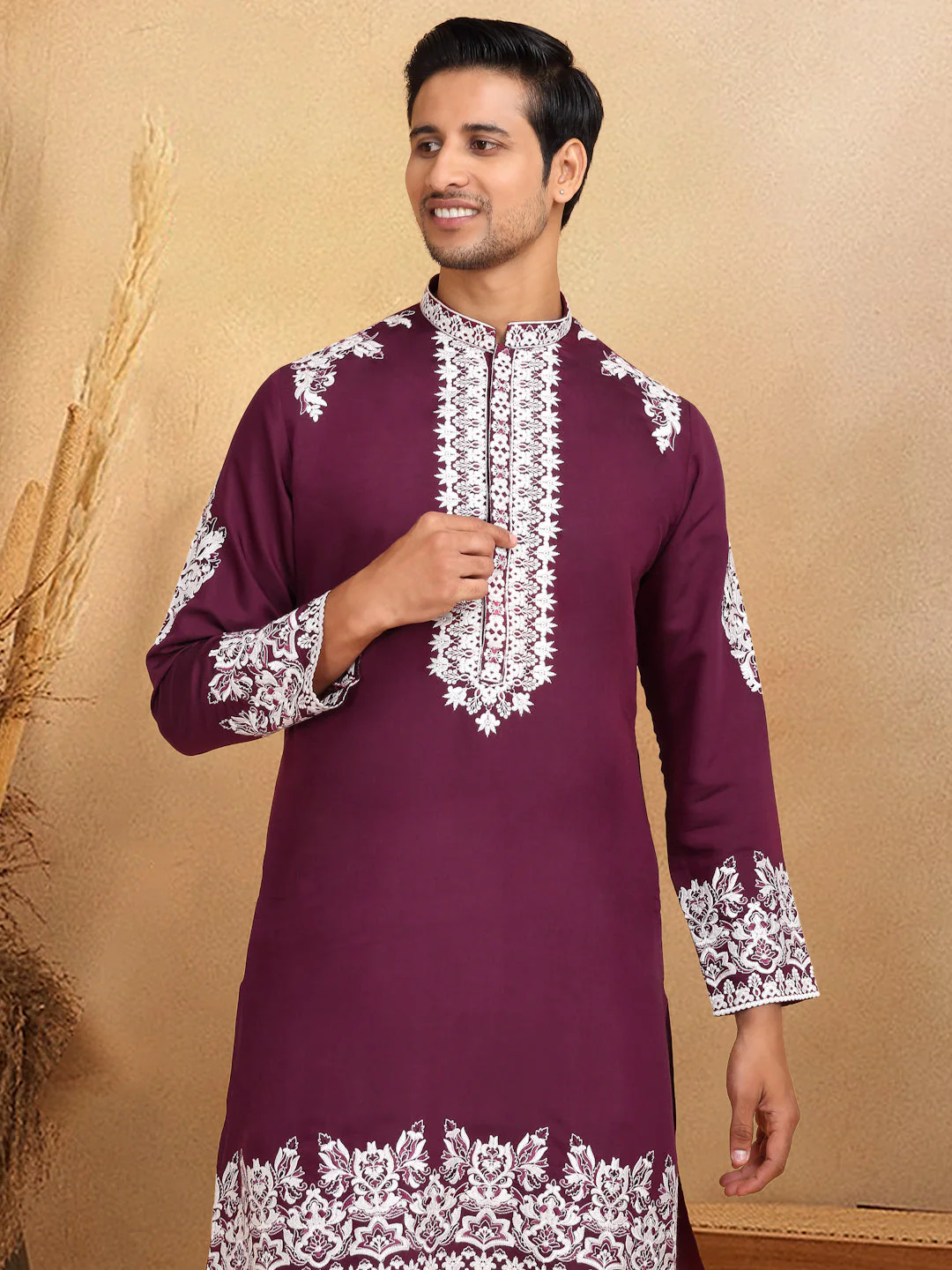 LUXE- Cotton Silk Ethnic Motifs White Embroidered Mandarin Collar Long Sleeve Kurta - Image 25