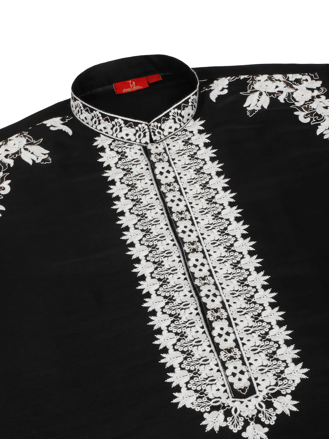 LUXE- Cotton Silk Ethnic Motifs White Embroidered Mandarin Collar Long Sleeve Kurta - Image 4