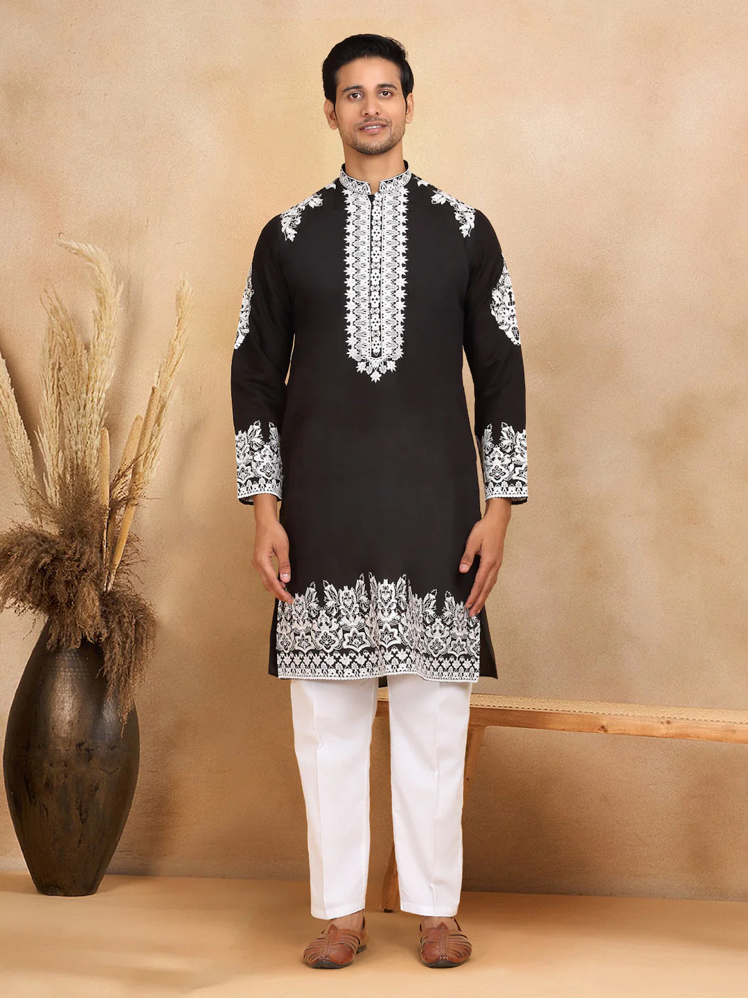 LUXE- Cotton Silk Ethnic Motifs White Embroidered Mandarin Collar Long Sleeve Kurta - Image 58