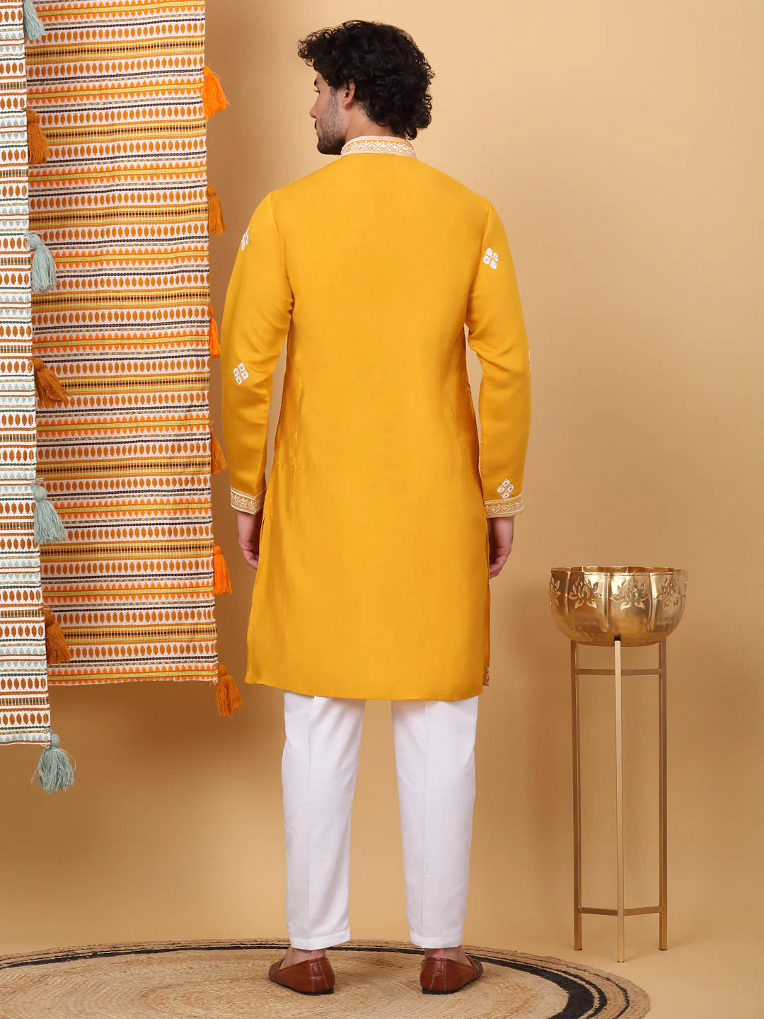 LUXE- Cotton Silk Ethnic Motifs, White Embroidered Mandarin Collar, Long Sleeve Kurta - Image 12