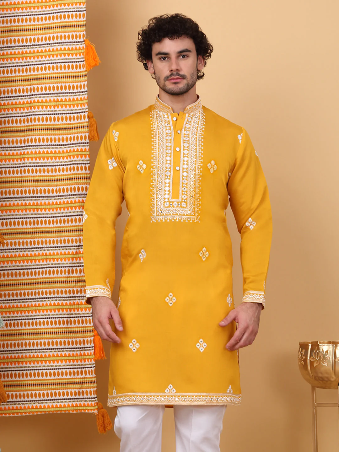 LUXE- Cotton Silk Ethnic Motifs, White Embroidered Mandarin Collar, Long Sleeve Kurta - Image 121