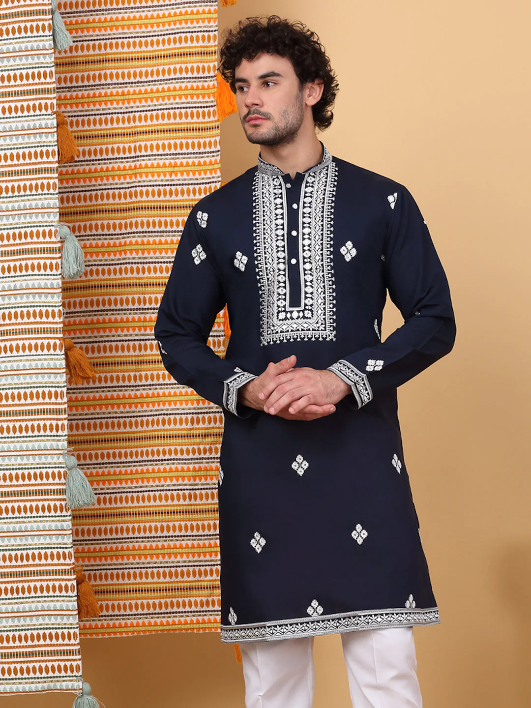 LUXE- Cotton Silk Ethnic Motifs, White Embroidered Mandarin Collar, Long Sleeve Kurta - Image 167