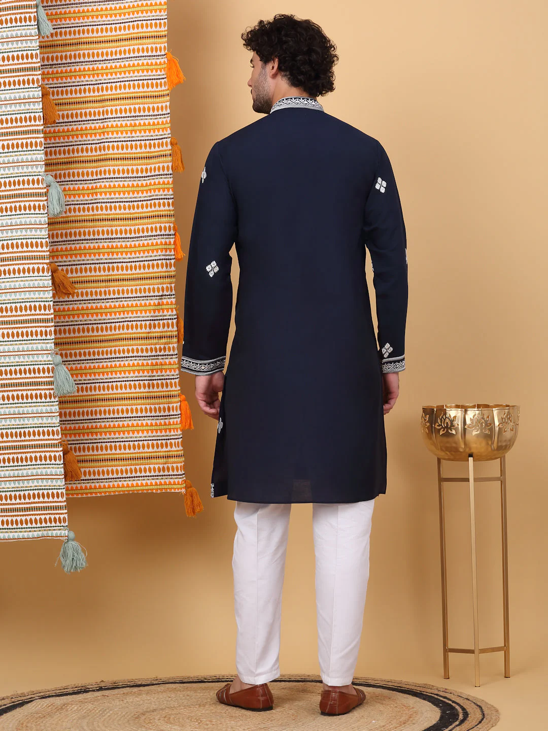 LUXE- Cotton Silk Ethnic Motifs, White Embroidered Mandarin Collar, Long Sleeve Kurta - Image 17