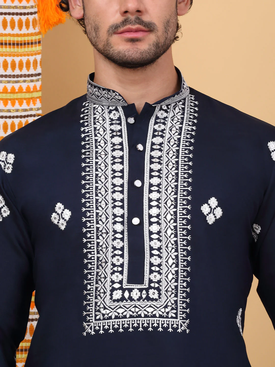 LUXE- Cotton Silk Ethnic Motifs, White Embroidered Mandarin Collar, Long Sleeve Kurta - Image 18