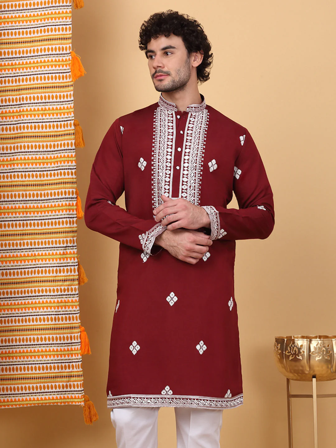 LUXE- Cotton Silk Ethnic Motifs, White Embroidered Mandarin Collar, Long Sleeve Kurta - Image 186