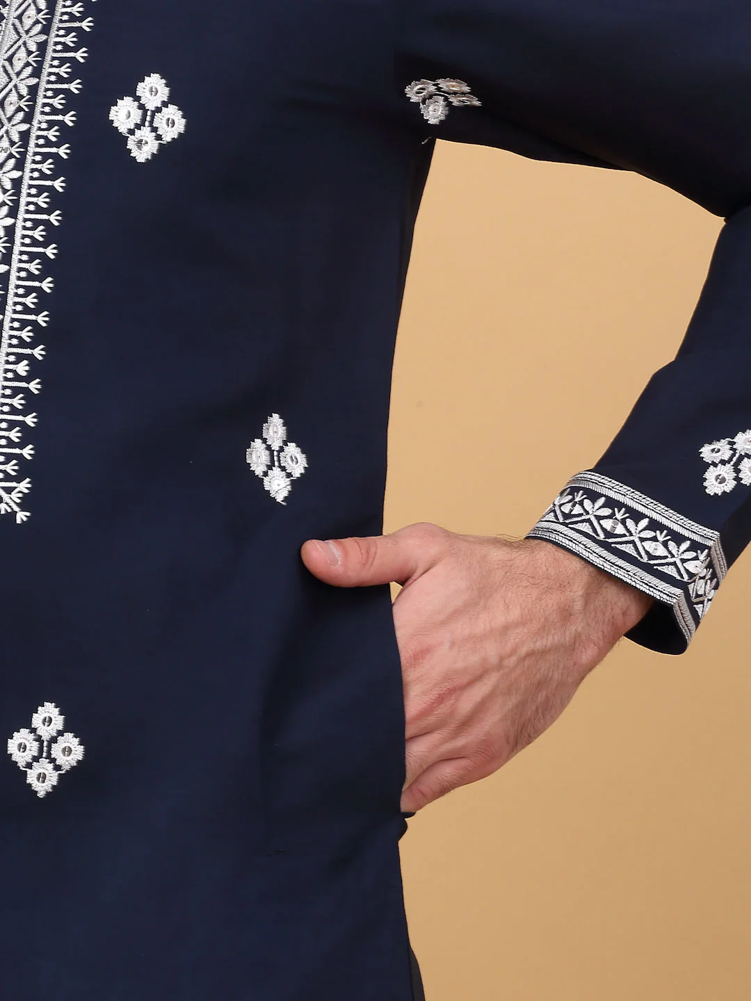 LUXE- Cotton Silk Ethnic Motifs, White Embroidered Mandarin Collar, Long Sleeve Kurta - Image 19