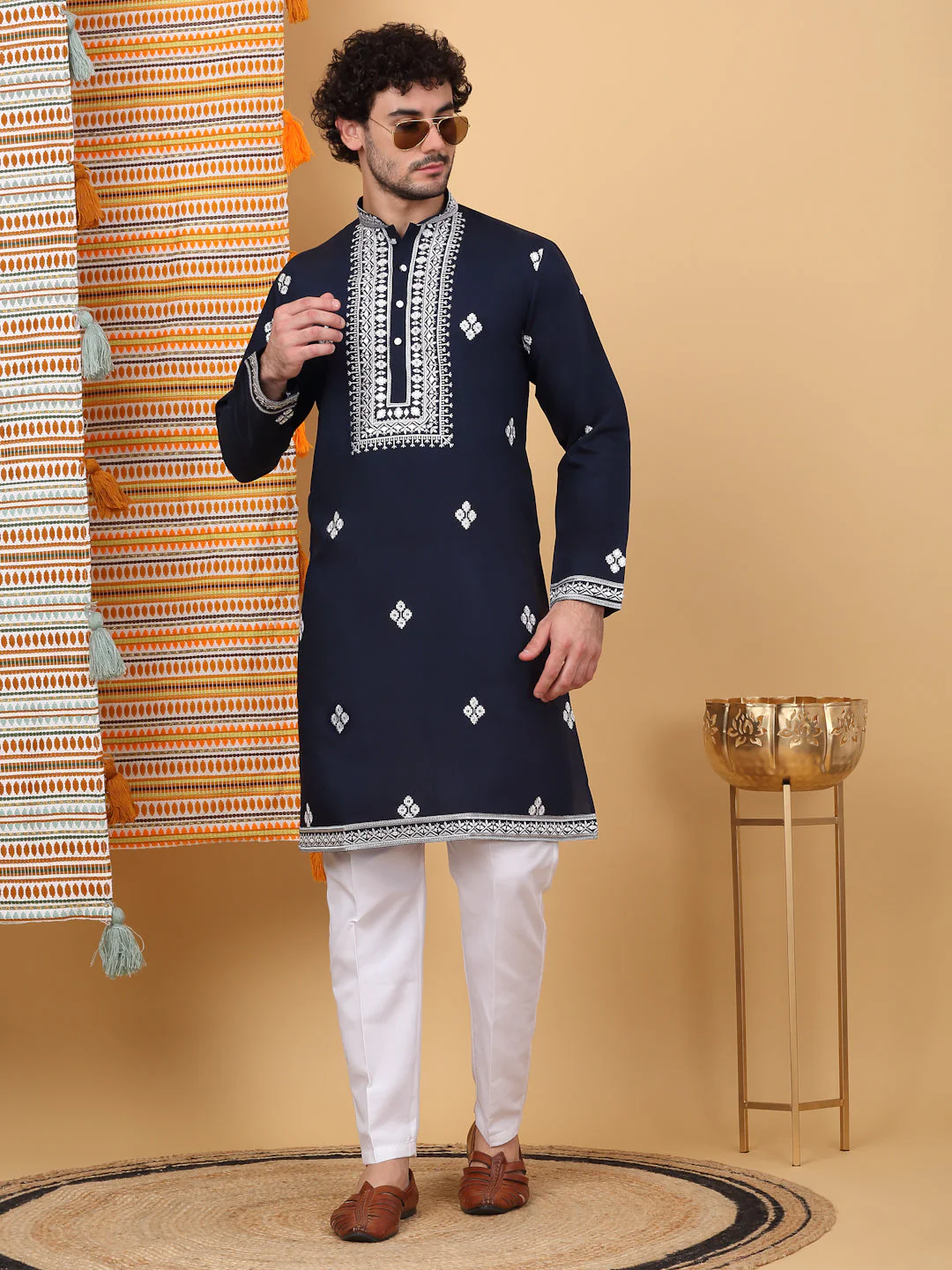 LUXE- Cotton Silk Ethnic Motifs, White Embroidered Mandarin Collar, Long Sleeve Kurta - Image 20
