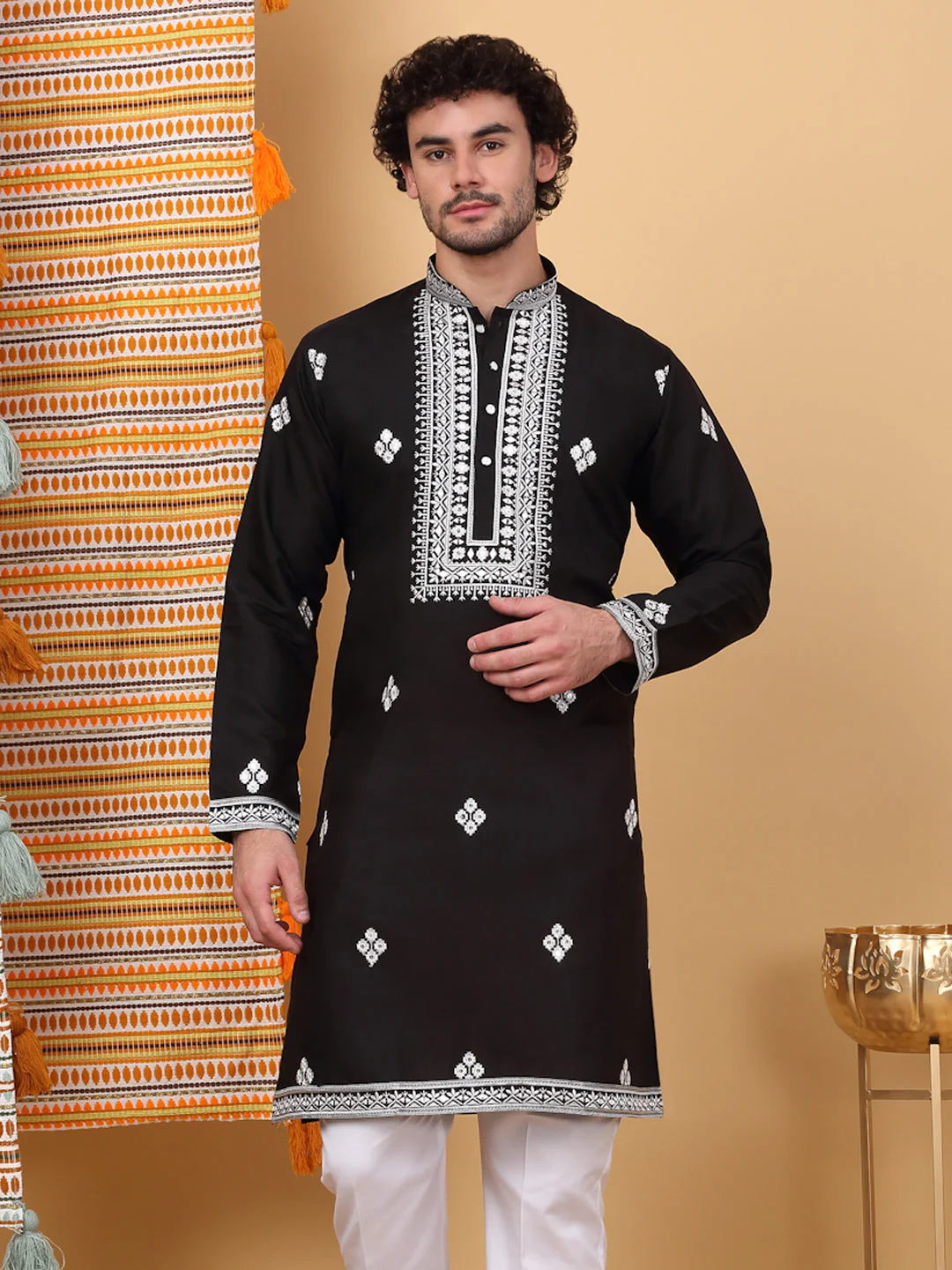 LUXE- Cotton Silk Ethnic Motifs, White Embroidered Mandarin Collar, Long Sleeve Kurta - Image 62