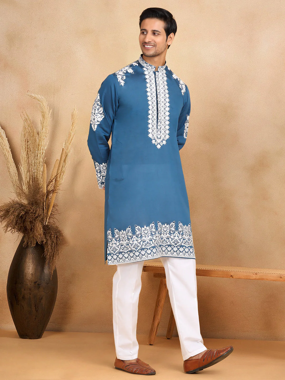 LUXE- Cotton Silk Ethnic Motifs White Embroidered Mandarin Collar Long Sleeve Kurta Trouser Set - Image 10
