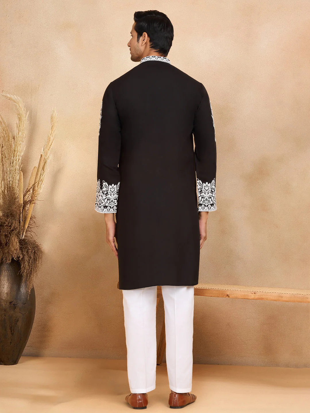 LUXE- Cotton Silk Ethnic Motifs White Embroidered Mandarin Collar Long Sleeve Kurta Trouser Set - Image 2