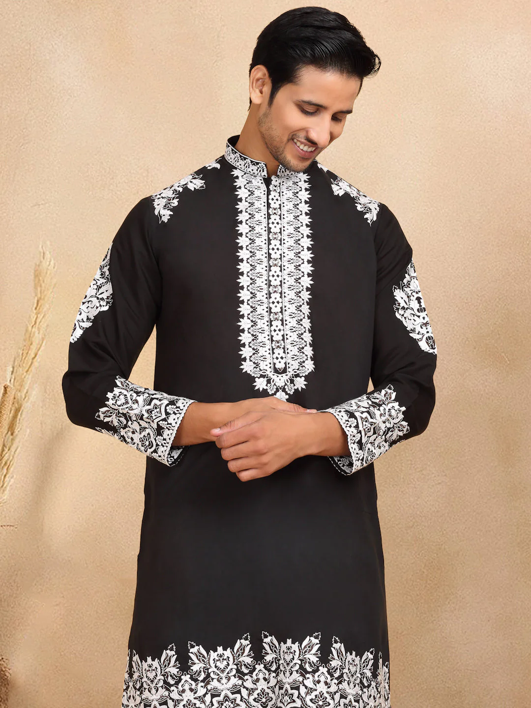 LUXE- Cotton Silk Ethnic Motifs White Embroidered Mandarin Collar Long Sleeve Kurta Trouser Set - Image 3