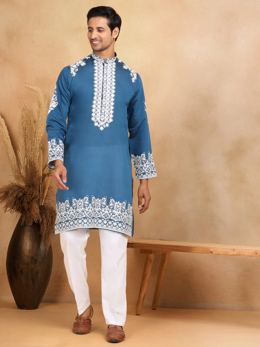 LUXE- Cotton Silk Ethnic Motifs White Embroidered Mandarin Collar Long Sleeve Kurta Trouser Set - Image 35