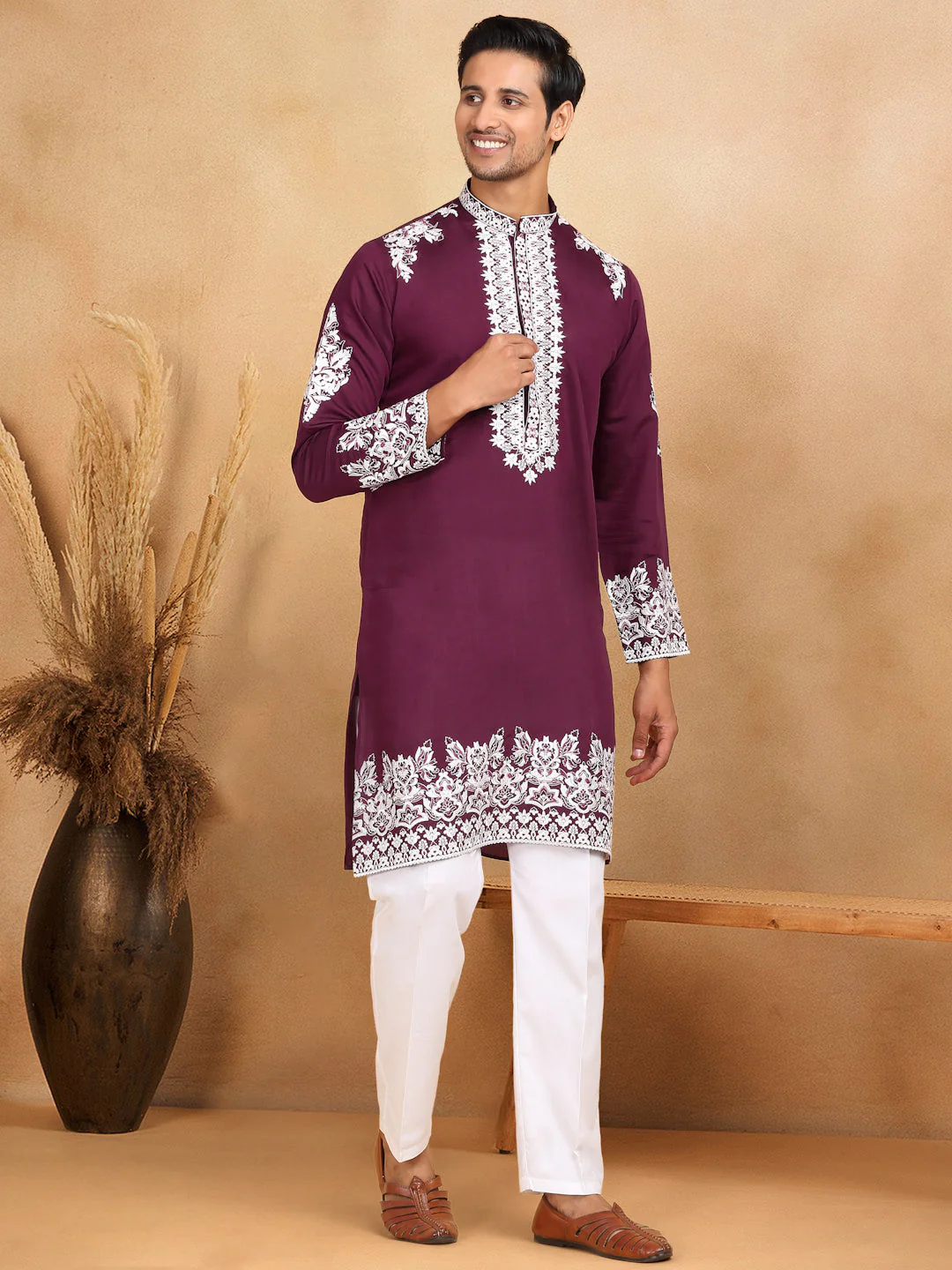 LUXE- Cotton Silk Ethnic Motifs White Embroidered Mandarin Collar Long Sleeve Kurta Trouser Set - Image 44