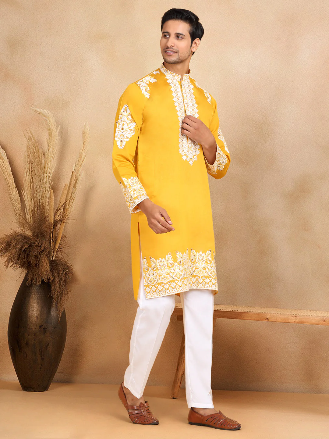 LUXE- Cotton Silk Ethnic Motifs White Embroidered Mandarin Collar Long Sleeve Kurta Trouser Set - Image 48