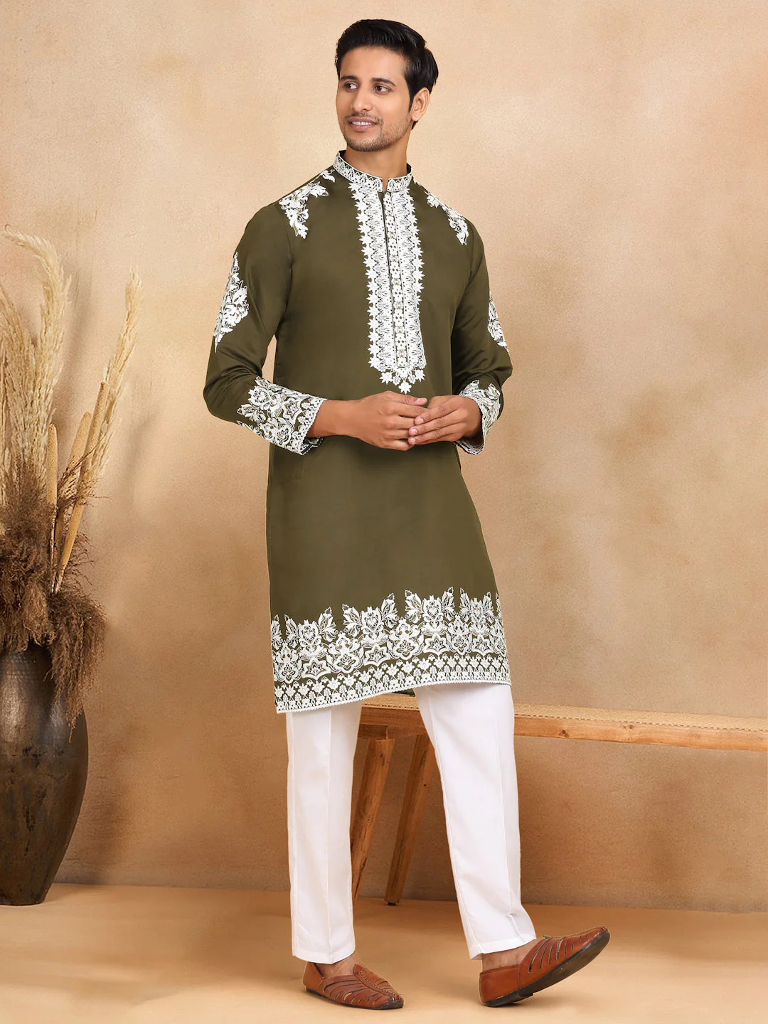 LUXE- Cotton Silk Ethnic Motifs White Embroidered Mandarin Collar Long Sleeve Kurta Trouser Set - Image 72
