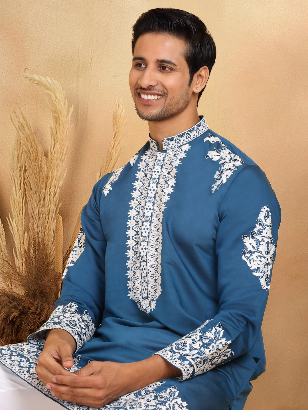 LUXE- Cotton Silk Ethnic Motifs White Embroidered Mandarin Collar Long Sleeve Kurta Trouser Set - Image 8
