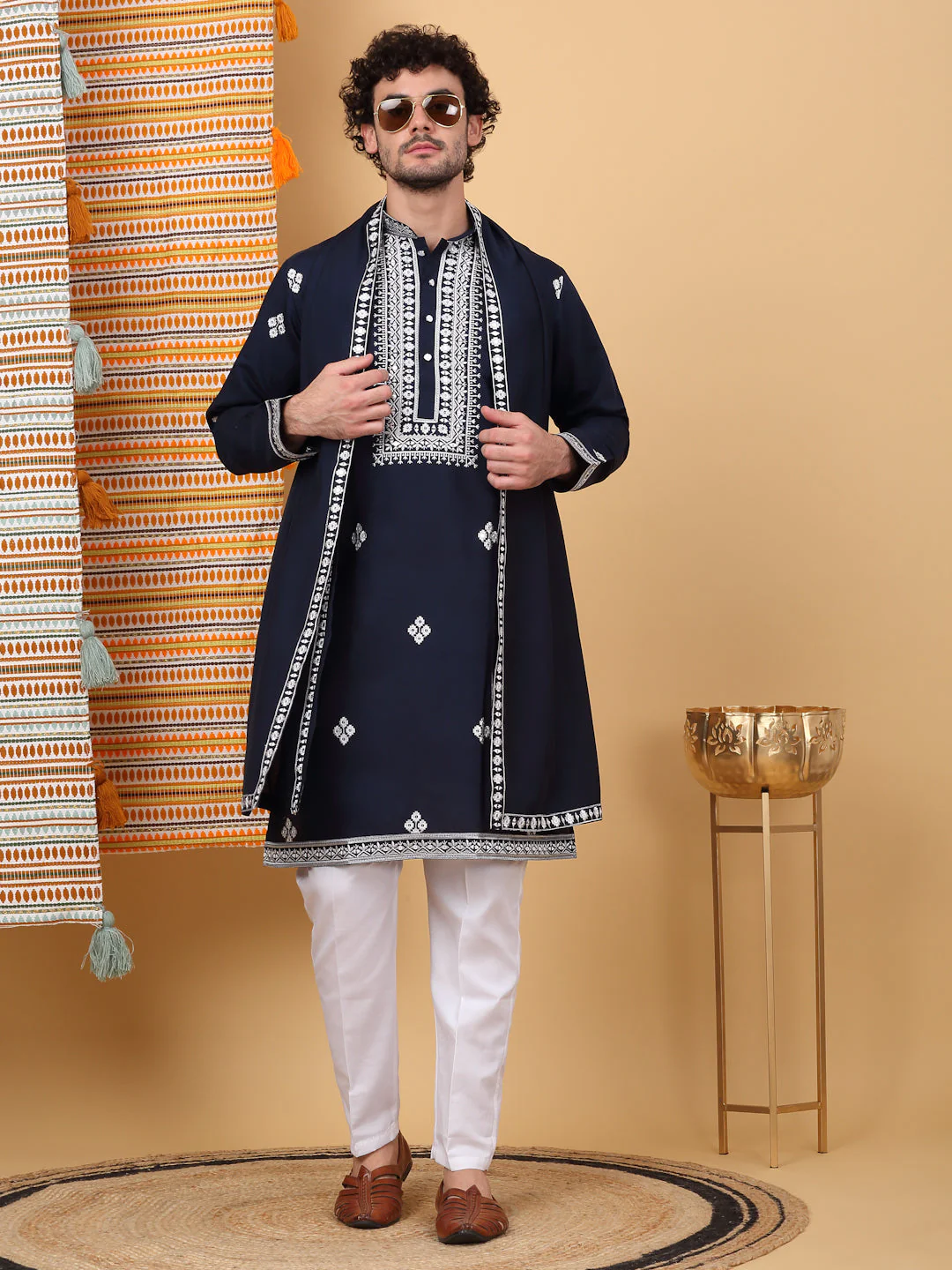 LUXE- Cotton Silk Ethnic Motifs White Embroidered Mandarin Collar Long Sleeve Kurta Trouser With Matching Stole - Image 117
