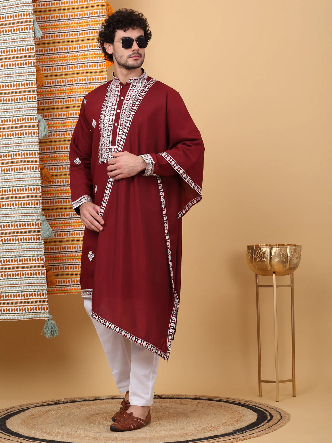 LUXE- Cotton Silk Ethnic Motifs White Embroidered Mandarin Collar Long Sleeve Kurta Trouser With Matching Stole - Image 213