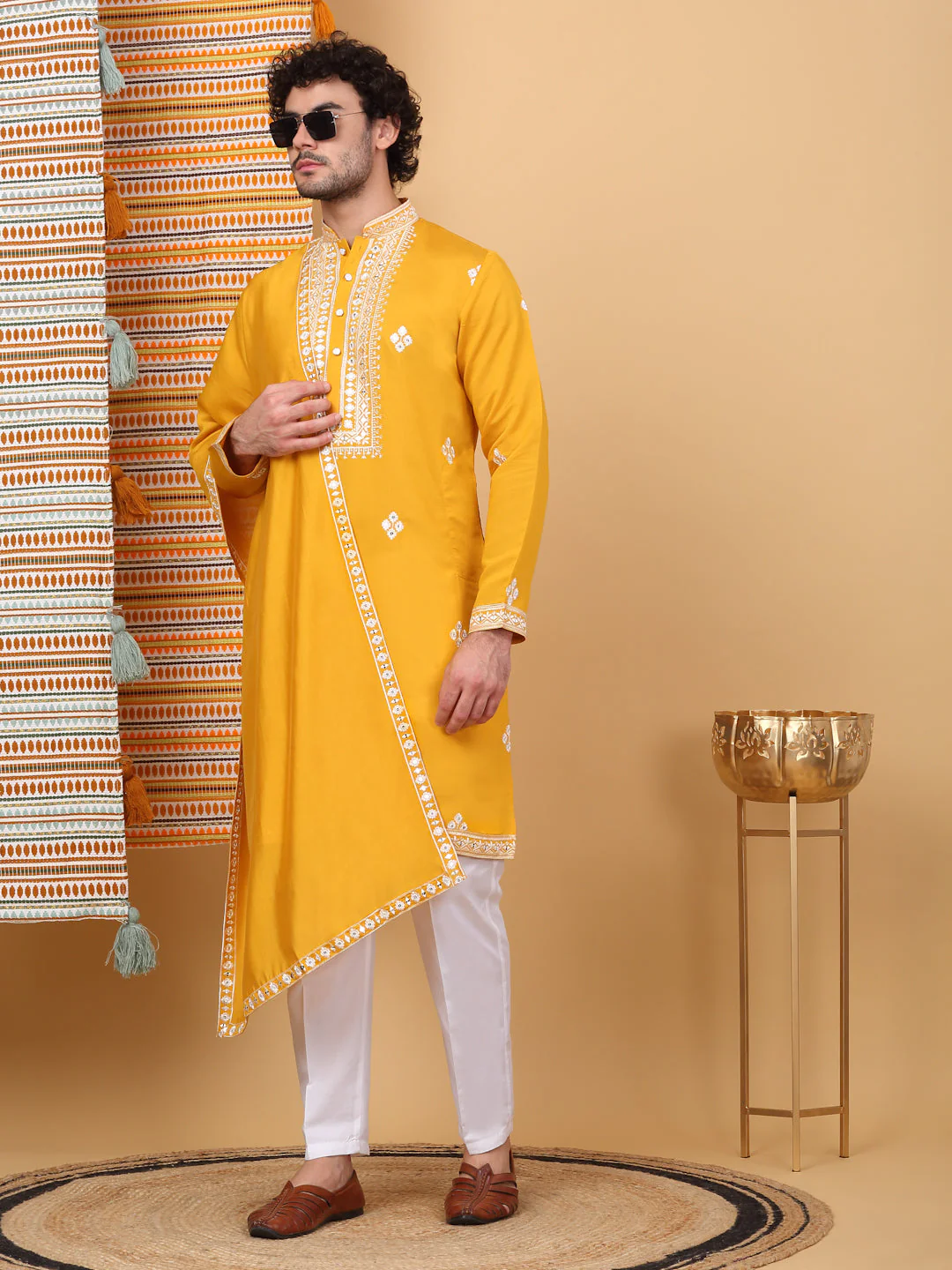 LUXE- Cotton Silk Ethnic Motifs White Embroidered Mandarin Collar Long Sleeve Kurta Trouser With Matching Stole - Image 235