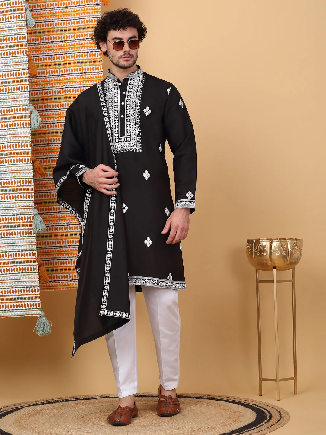 LUXE- Cotton Silk Ethnic Motifs White Embroidered Mandarin Collar Long Sleeve Kurta Trouser With Matching Stole - Image 28