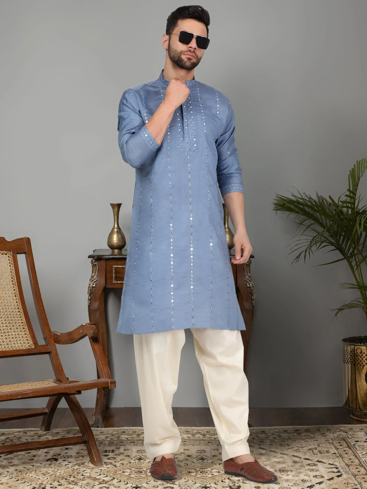 LUXE- Cotton Silk Mirror Work Yoke design Long Sleeve Kurta - Image 159