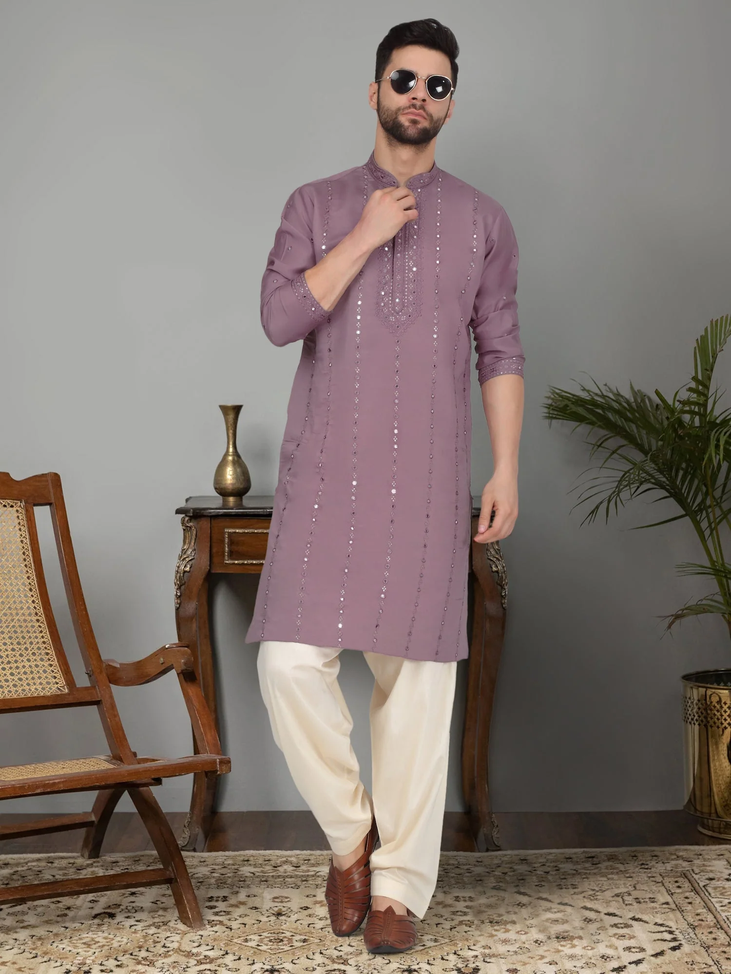 LUXE- Cotton Silk Mirror Work Yoke design Long Sleeve Kurta - Image 243