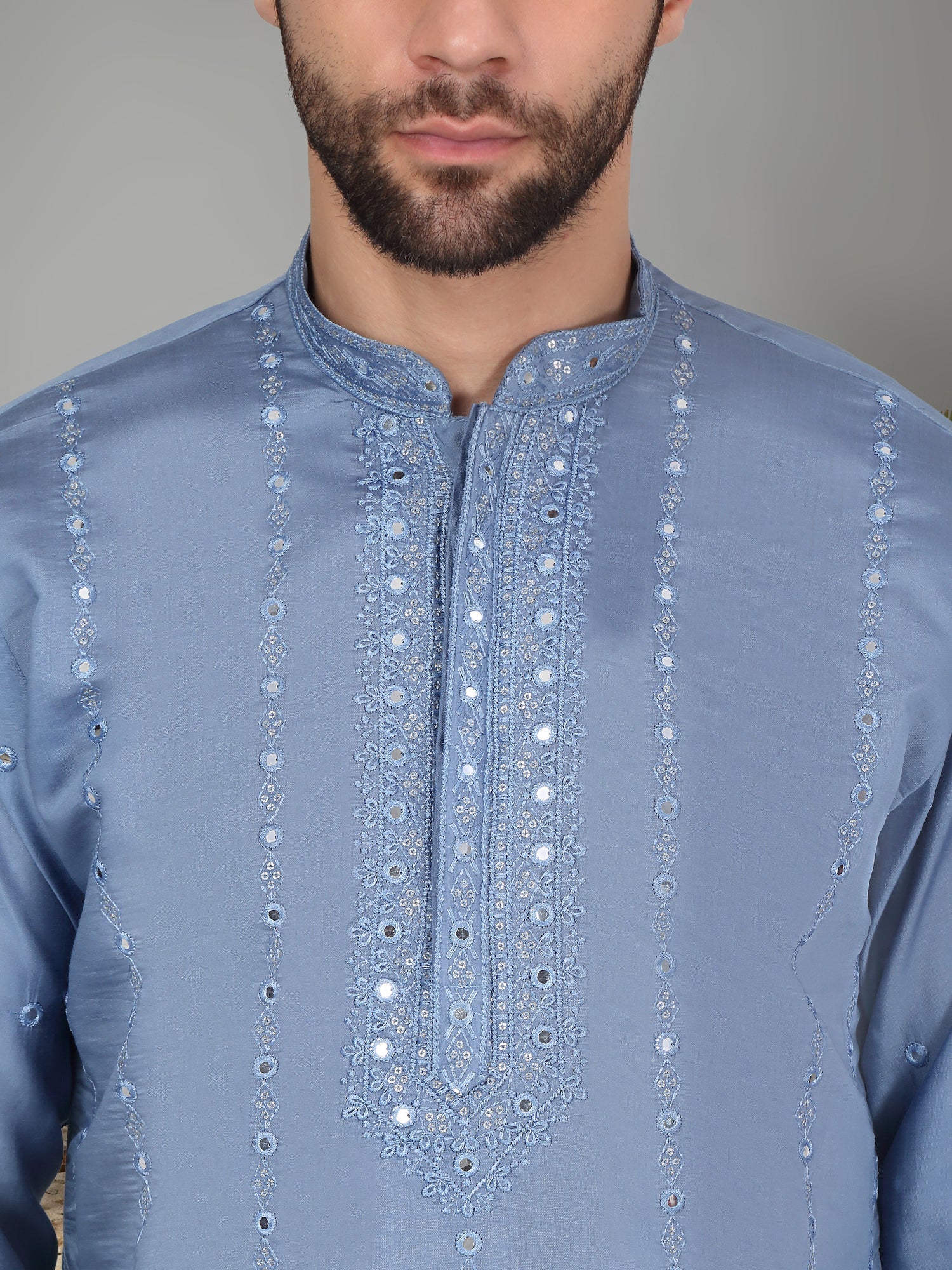 LUXE- Cotton Silk Mirror Work Yoke design Long Sleeve Kurta - Image 3