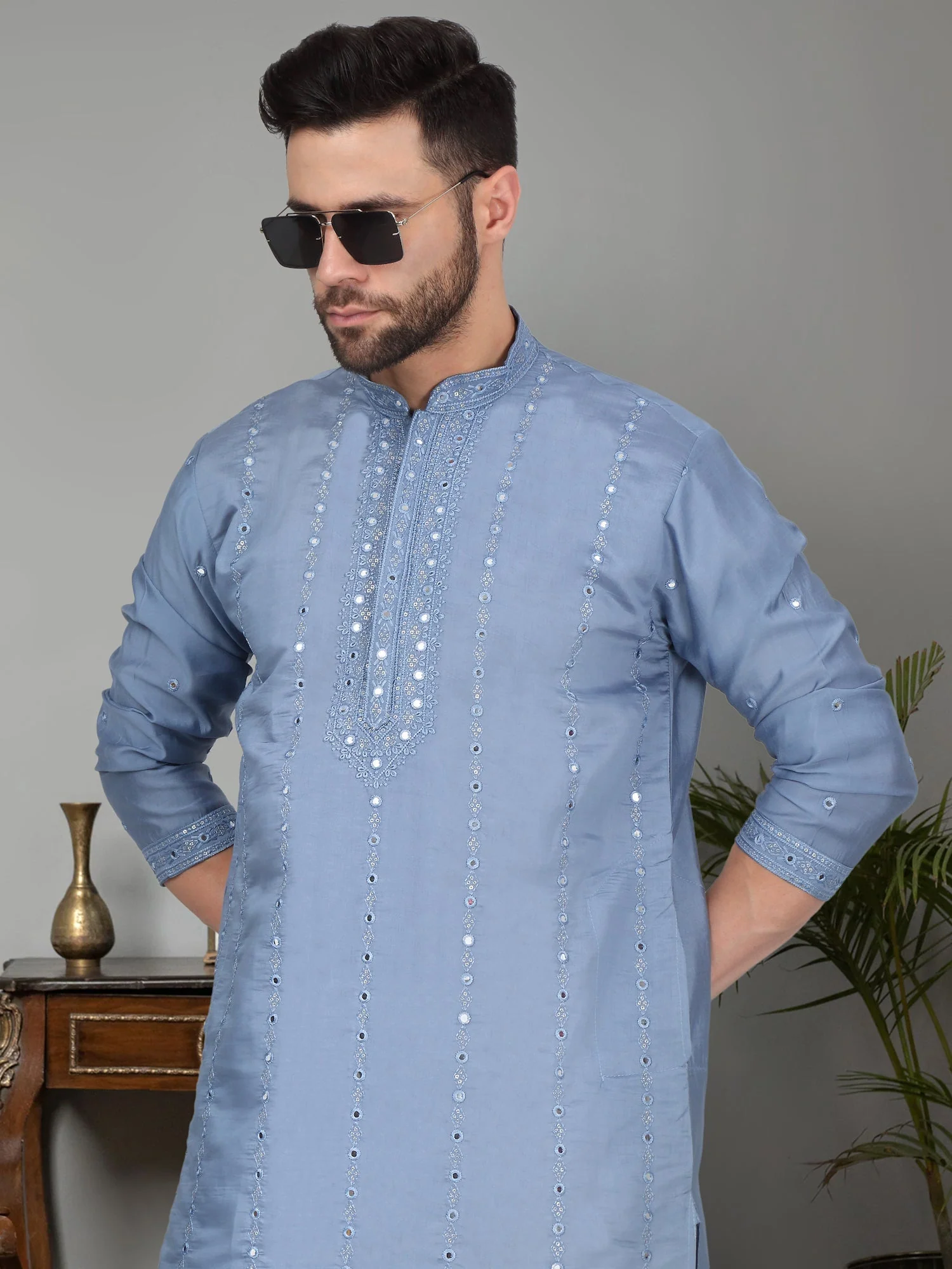 LUXE- Cotton Silk Mirror Work Yoke design Long Sleeve Kurta - Image 5