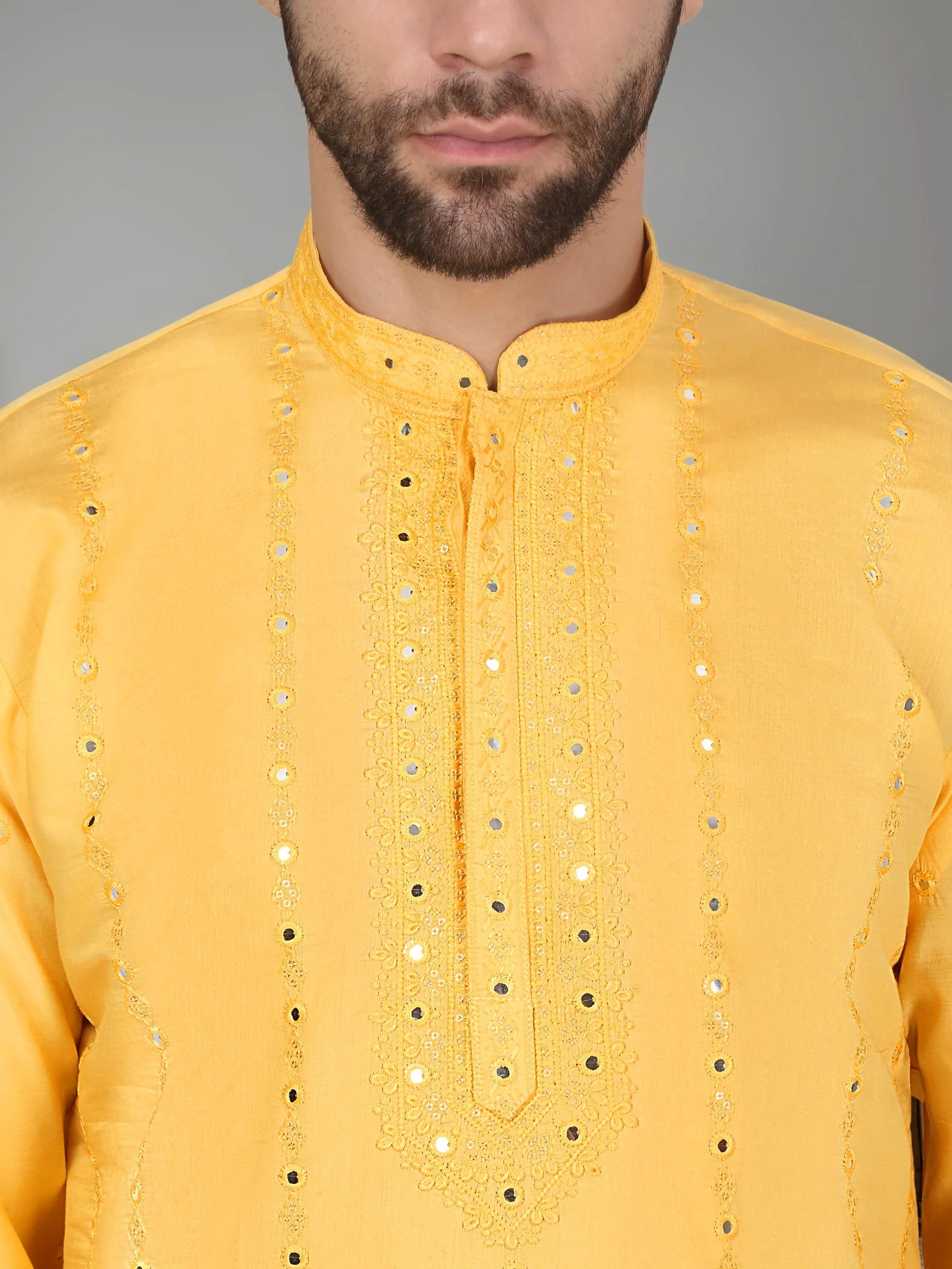 LUXE- Cotton Silk Mirror Work Yoke design Long Sleeve Kurta with Elastic Waistband Beige Salwar - Image 18