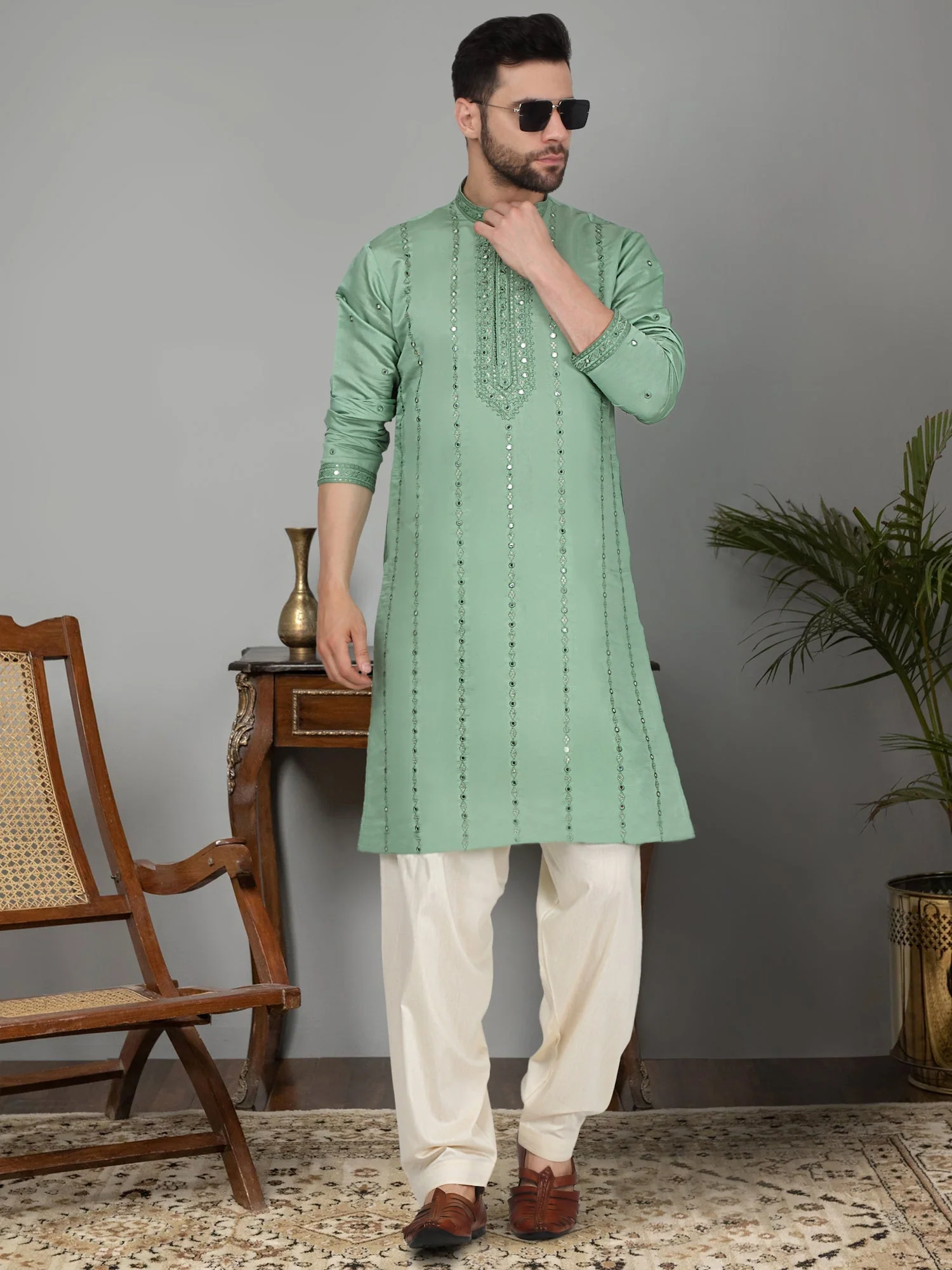 LUXE- Cotton Silk Mirror Work Yoke design Long Sleeve Kurta with Elastic Waistband Beige Salwar - Image 197