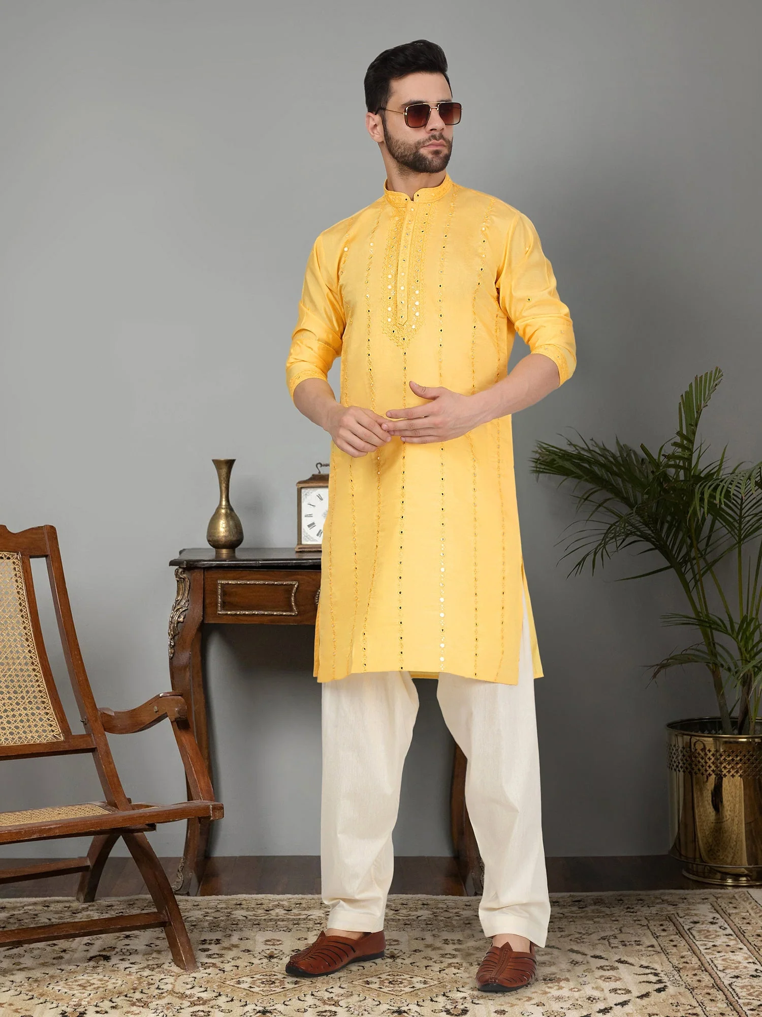 LUXE- Cotton Silk Mirror Work Yoke design Long Sleeve Kurta with Elastic Waistband Beige Salwar - Image 49