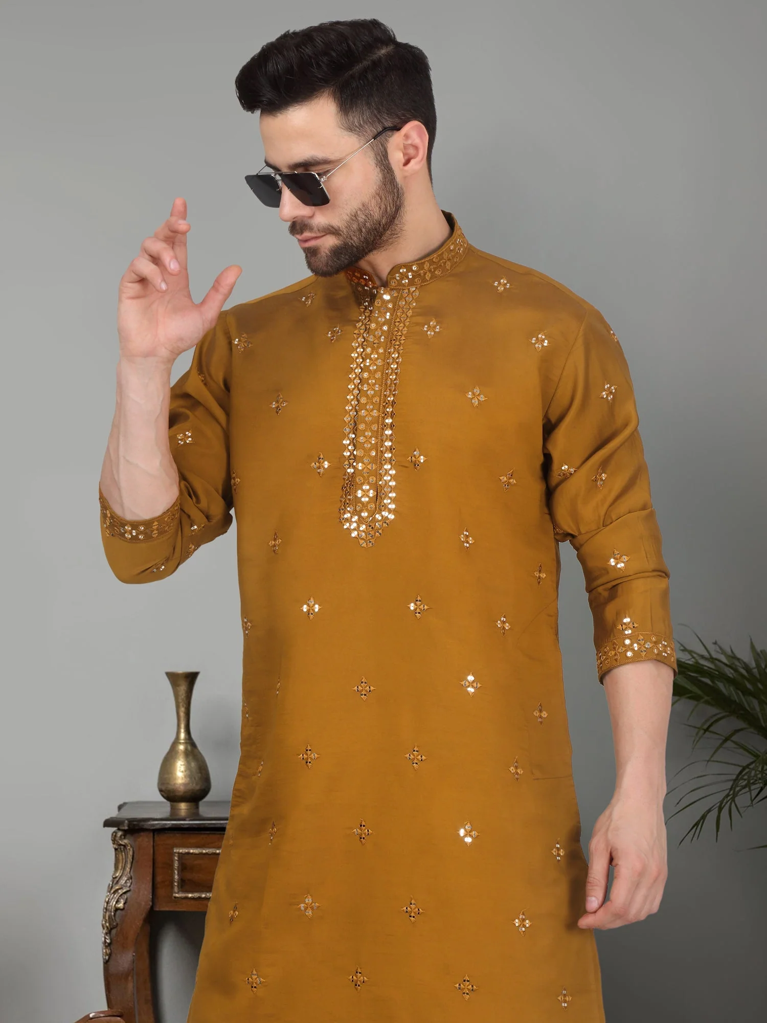 LUXE- Cotton Silk Mirror Work Yoke design Mandarin Collar Long Sleeve Kurta - Image 15