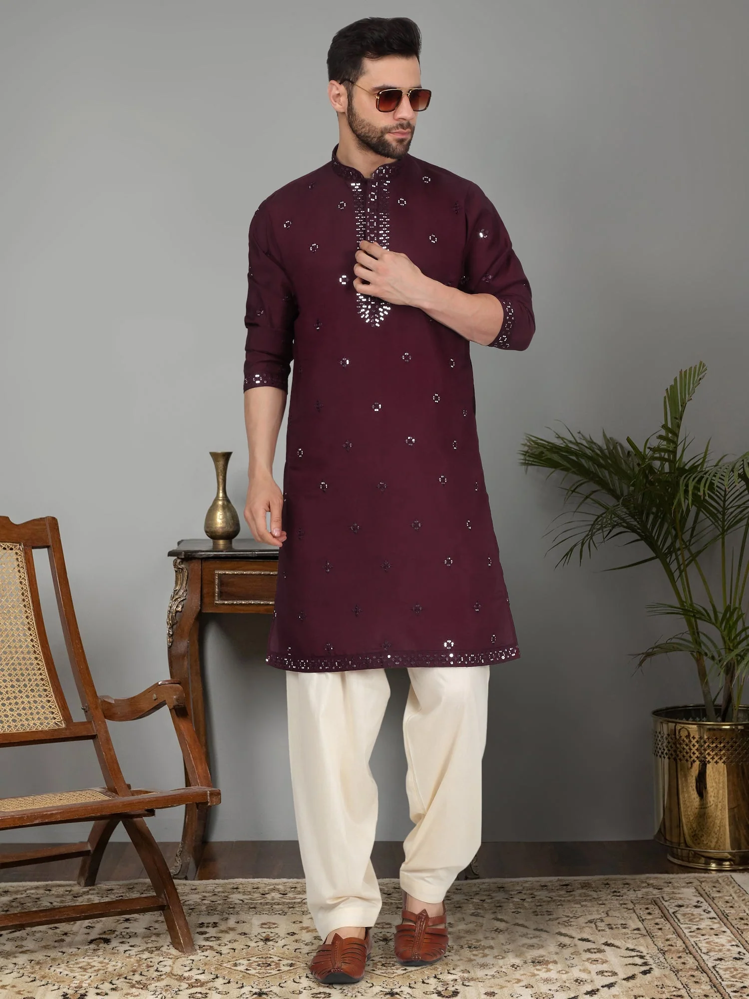 LUXE- Cotton Silk Mirror Work Yoke design Mandarin Collar Long Sleeve Kurta - Image 40