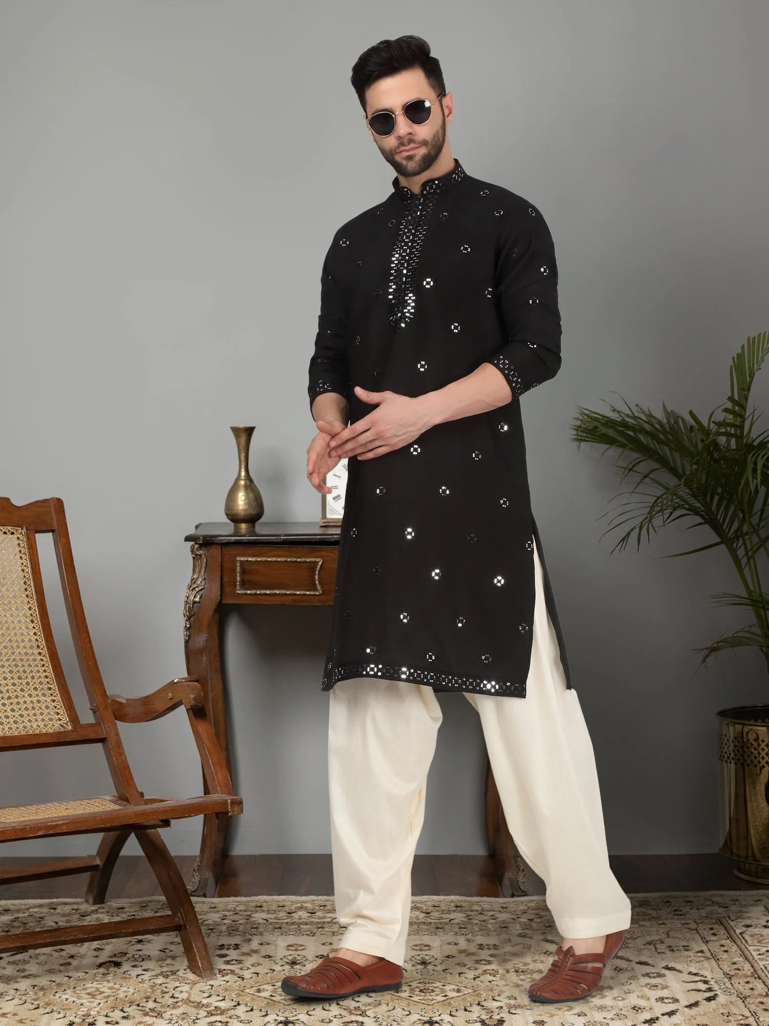 LUXE- Cotton Silk Mirror Work Yoke design Mandarin Collar Long Sleeve Kurta - Image 51