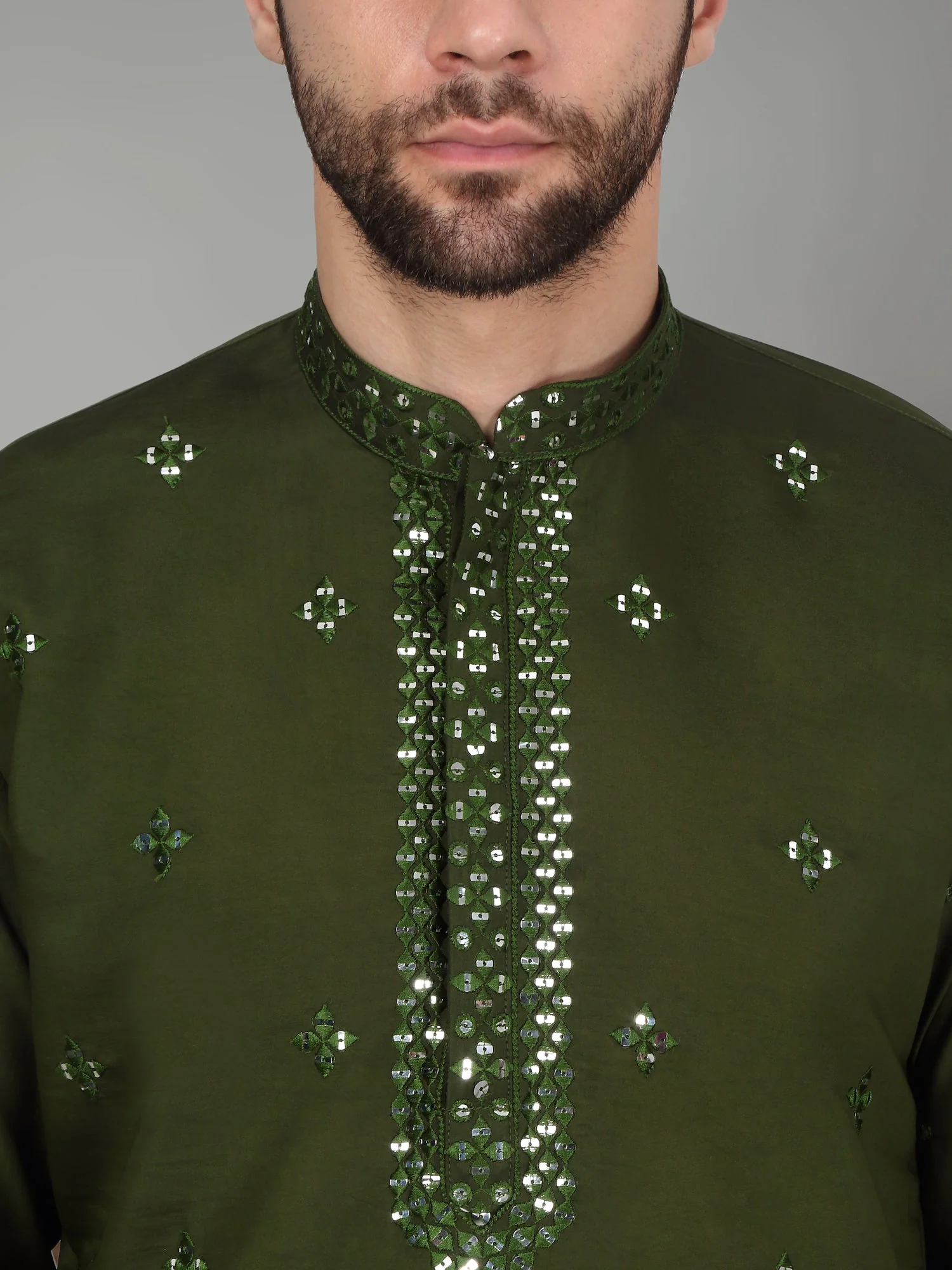 LUXE- Cotton Silk Mirror Work Yoke design Mandarin Collar Long Sleeve Kurta - Image 8