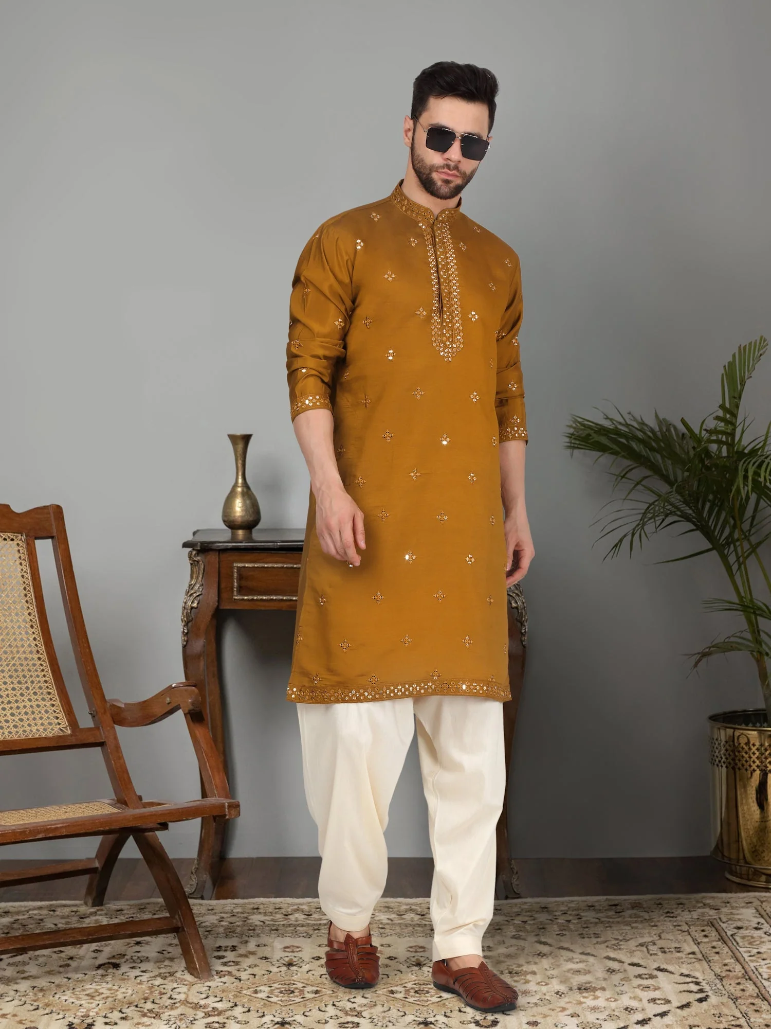 LUXE- Cotton Silk Mirror Work Yoke design Mandarin Collar Long Sleeve Kurta with Elastic Waistband Beige Salwar - Image 106