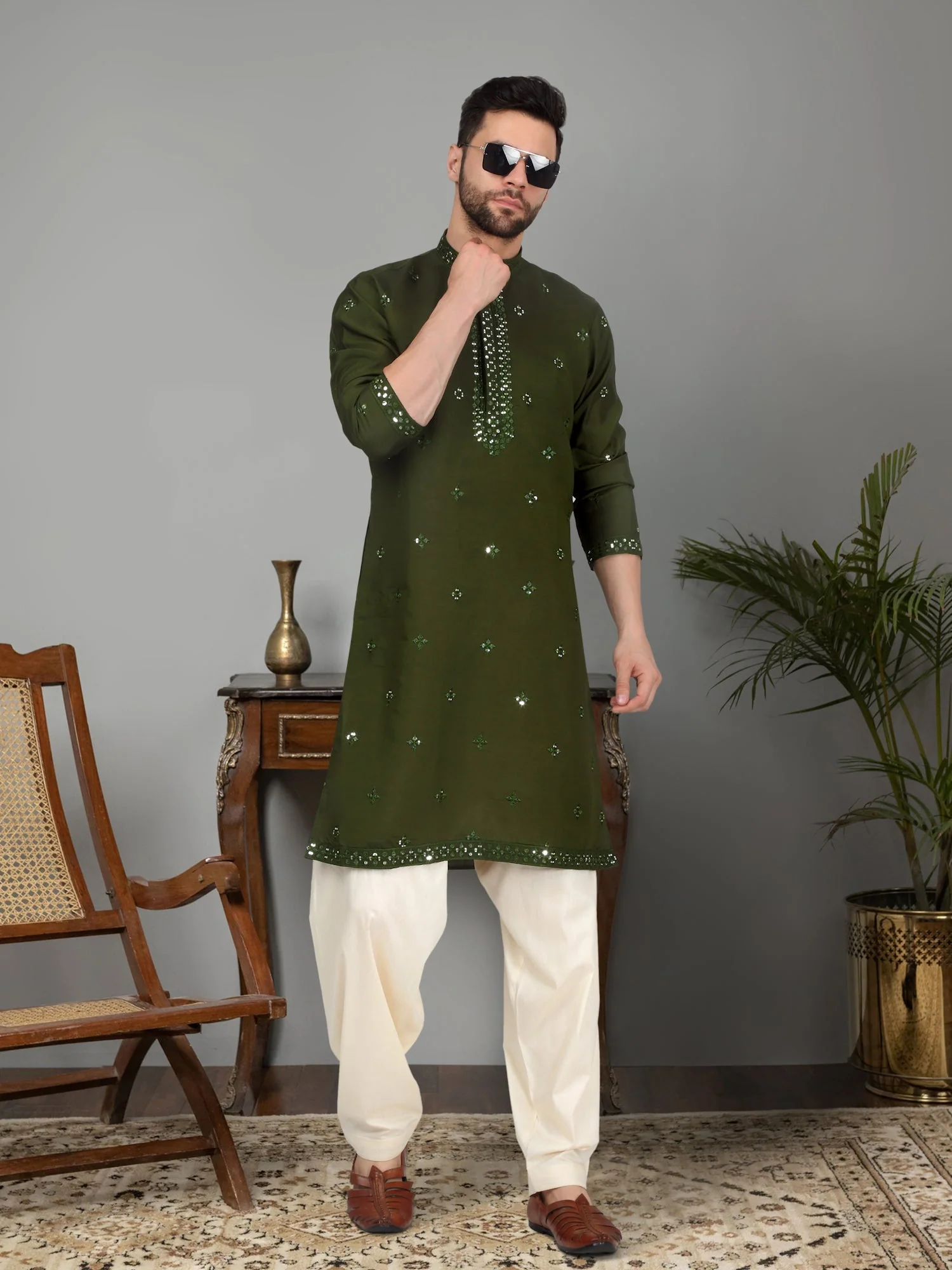 LUXE- Cotton Silk Mirror Work Yoke design Mandarin Collar Long Sleeve Kurta with Elastic Waistband Beige Salwar - Image 144