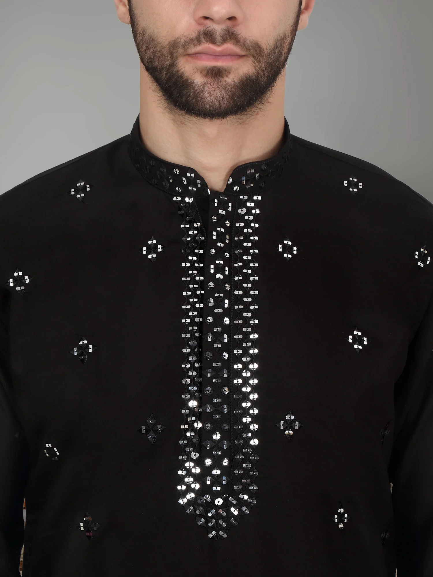 LUXE- Cotton Silk Mirror Work Yoke design Mandarin Collar Long Sleeve Kurta with Elastic Waistband Beige Salwar - Image 3