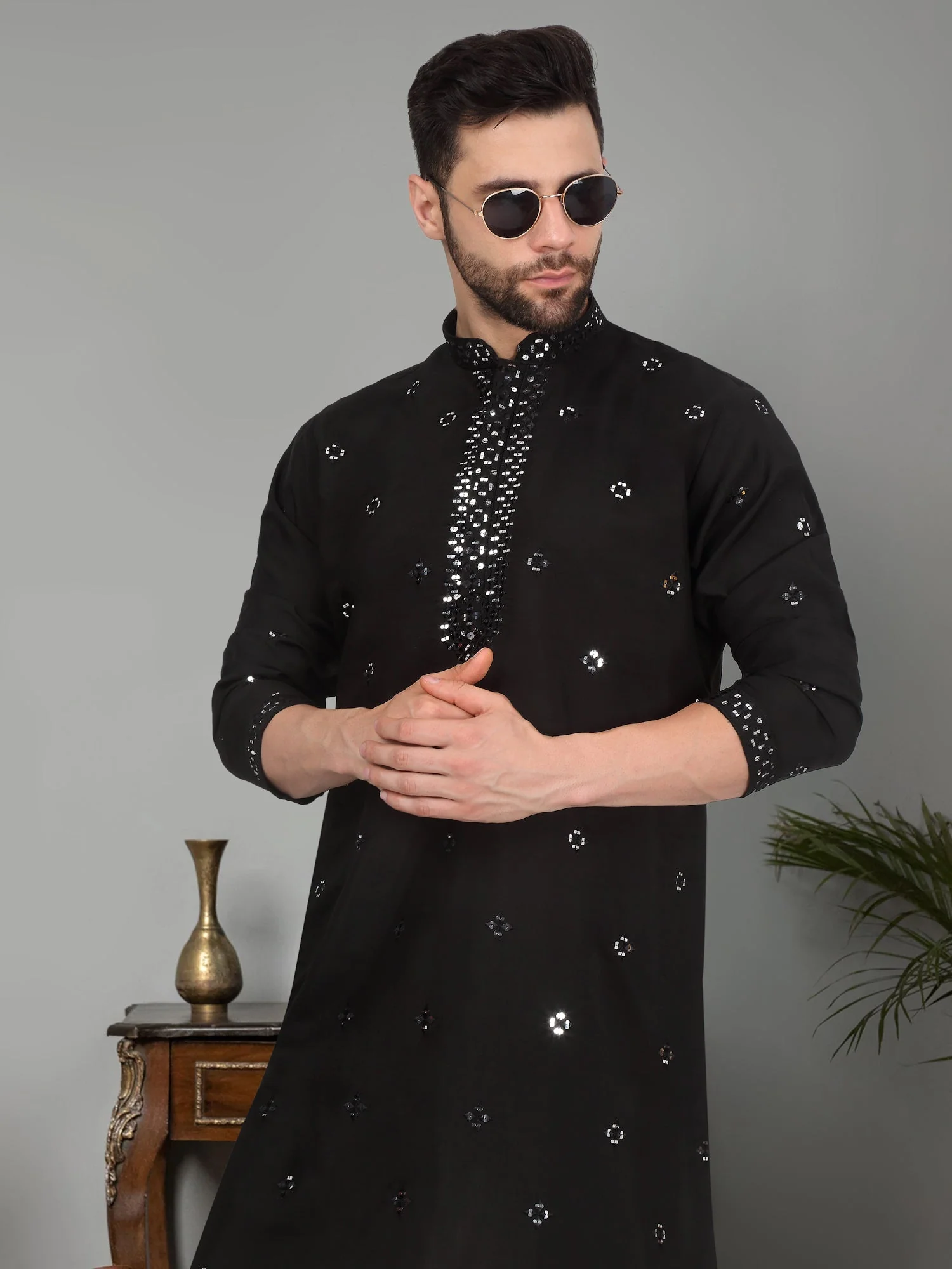 LUXE- Cotton Silk Mirror Work Yoke design Mandarin Collar Long Sleeve Kurta with Elastic Waistband Beige Salwar - Image 5